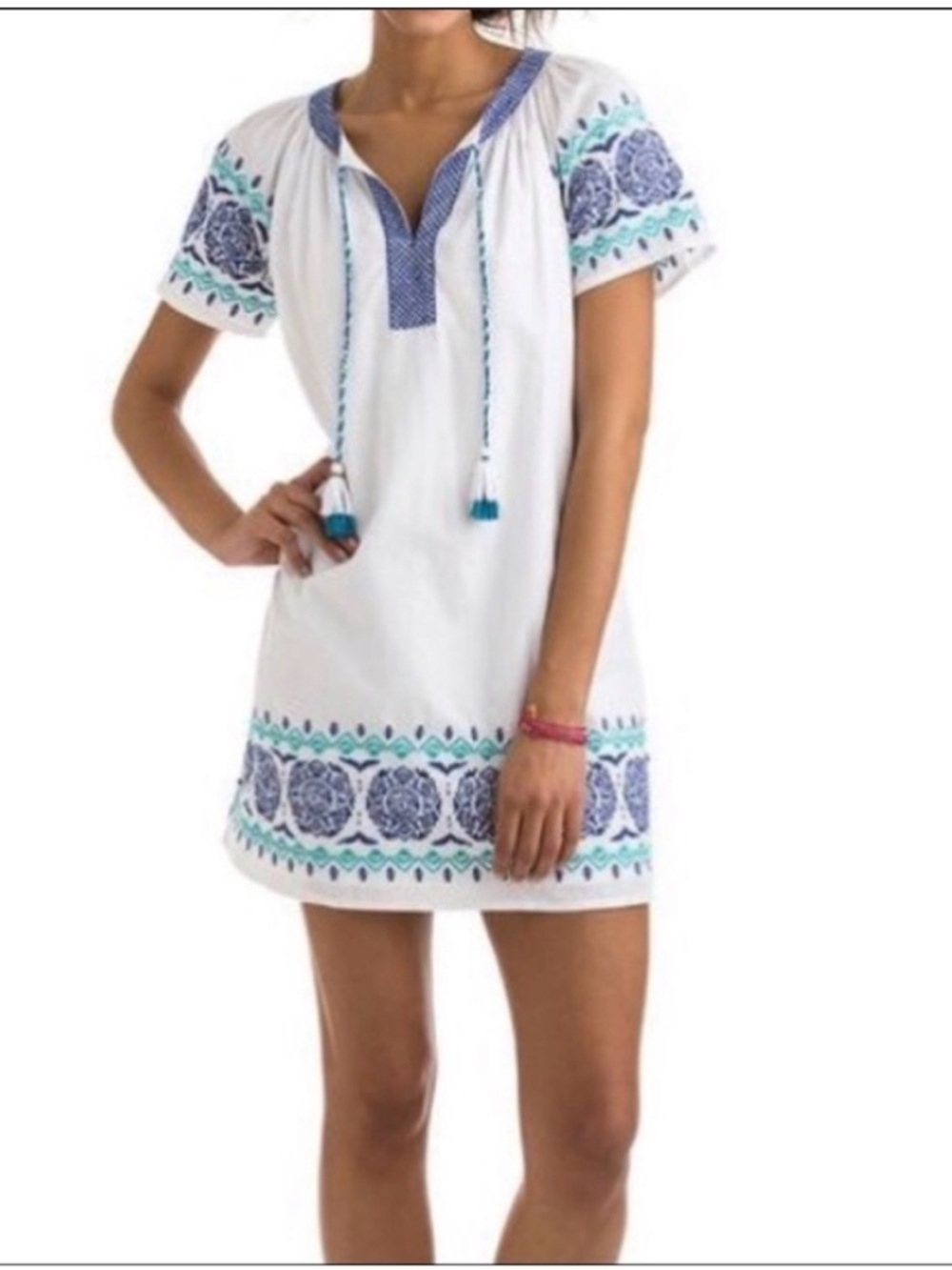 Vineyard Vines Embroidered White Shift Dress with Blue & Teal Accents